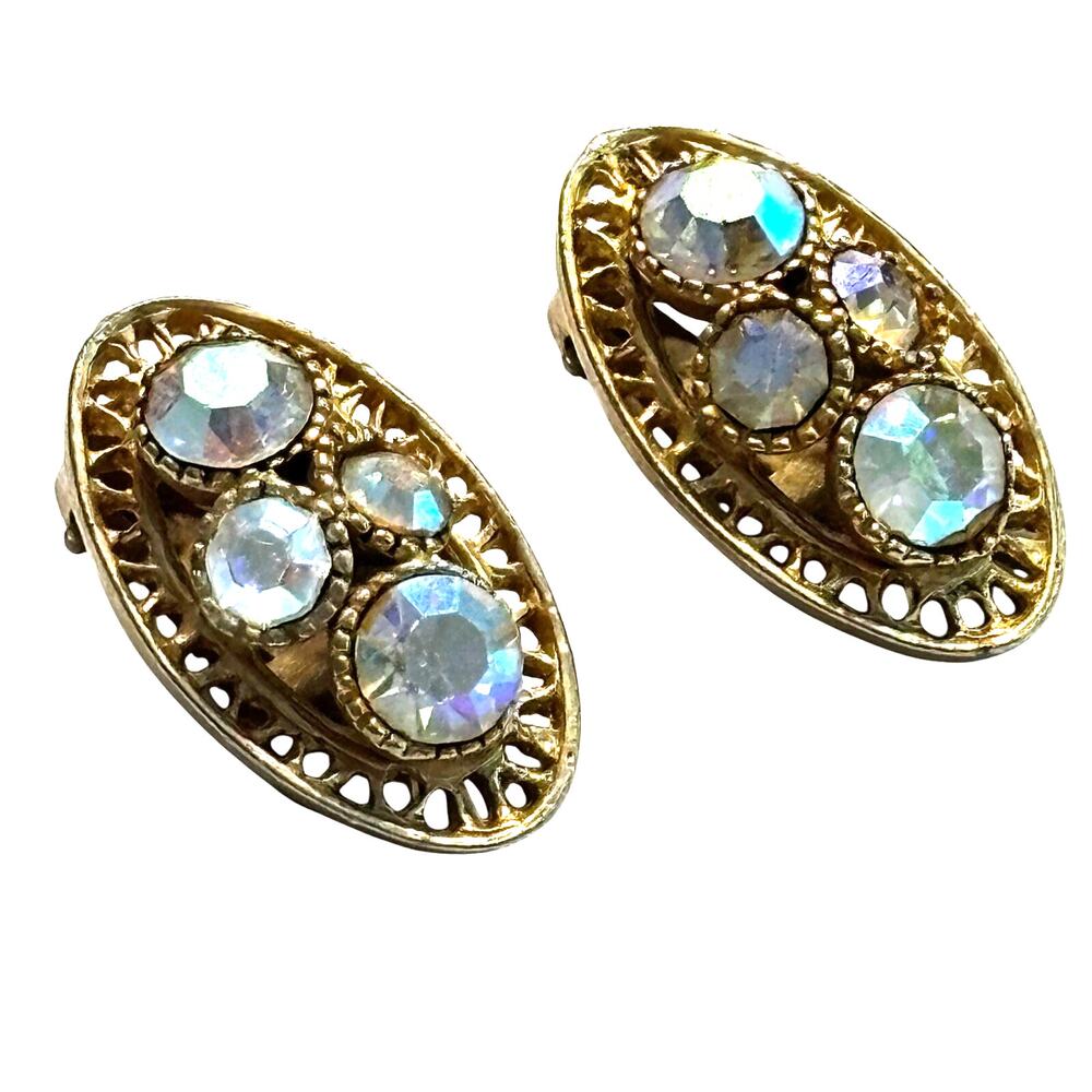 Vintage clip on earrings gold textured dimensional ovals & AB finish rhinestones